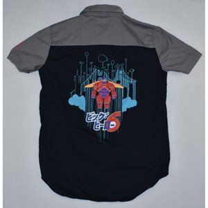 Disney Pixar Baymax Big Hero 6 Mens Camp Shirt Size S Gray/Black Button Down